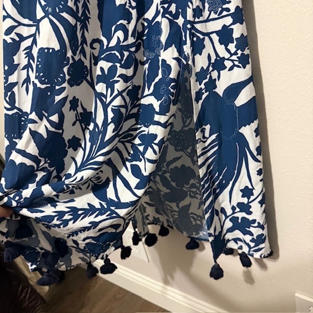 Figue Blue White Floral Tassel Midi Dress Kaftan Viscose L Boho Resort Tropical - Picture 8 of 10